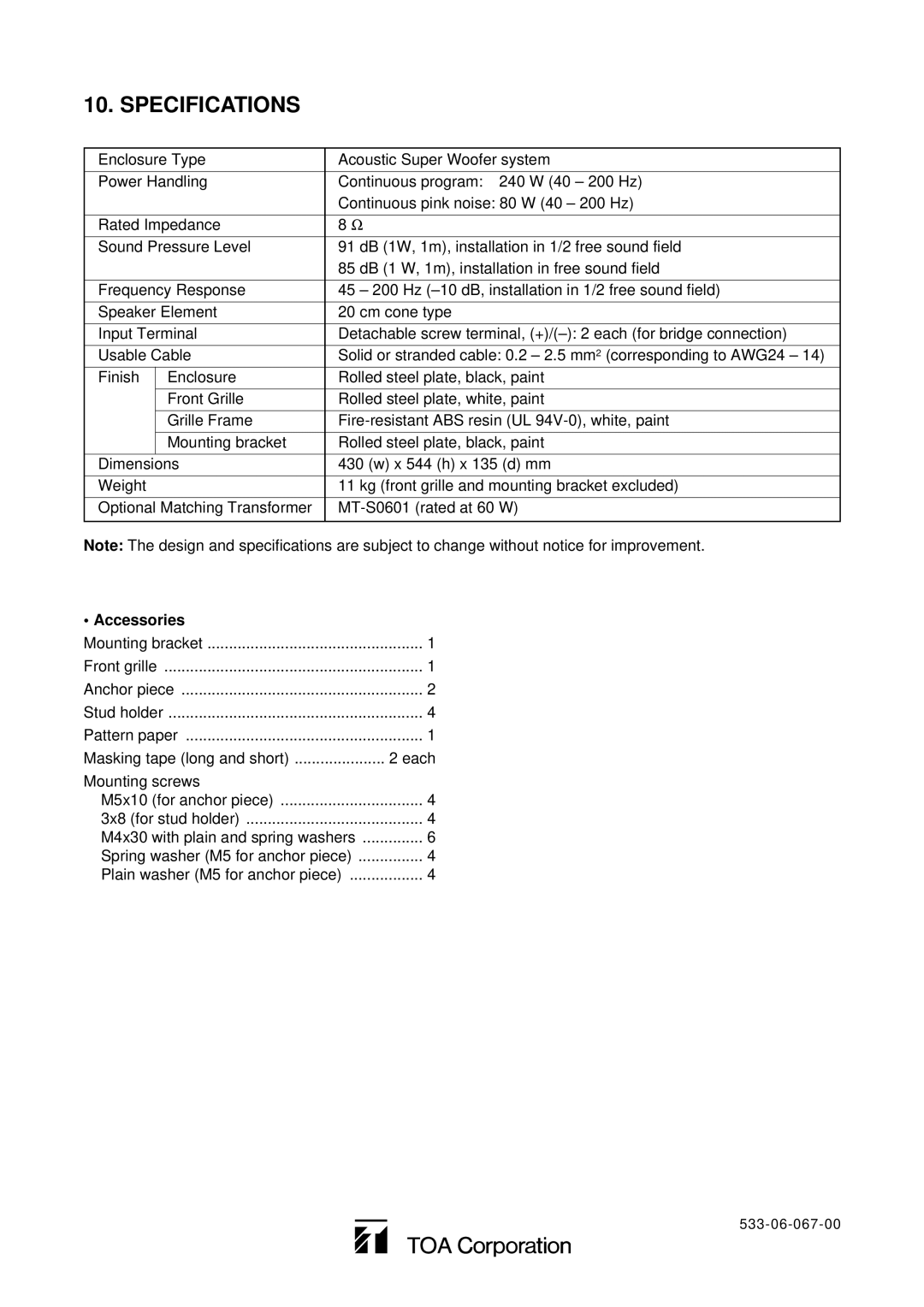 TOA Electronics HB-1 operating instructions Specifications, Accessories 