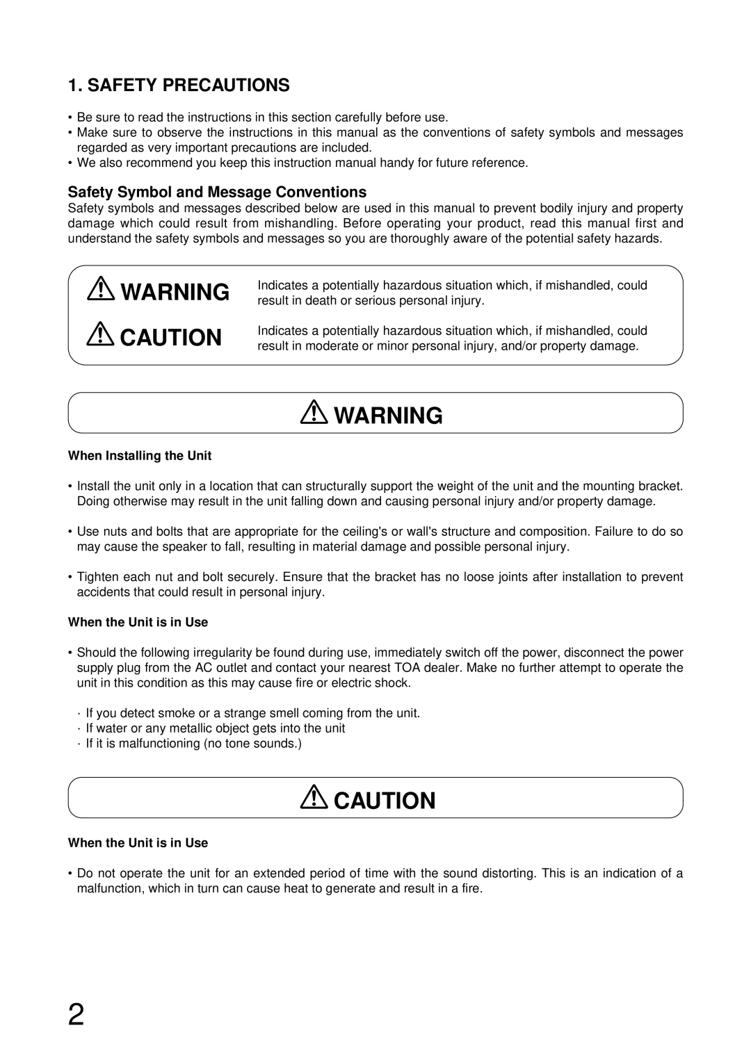 TOA Electronics HB-1 Safety Precautions, Safety Symbol and Message Conventions, When Installing the Unit 