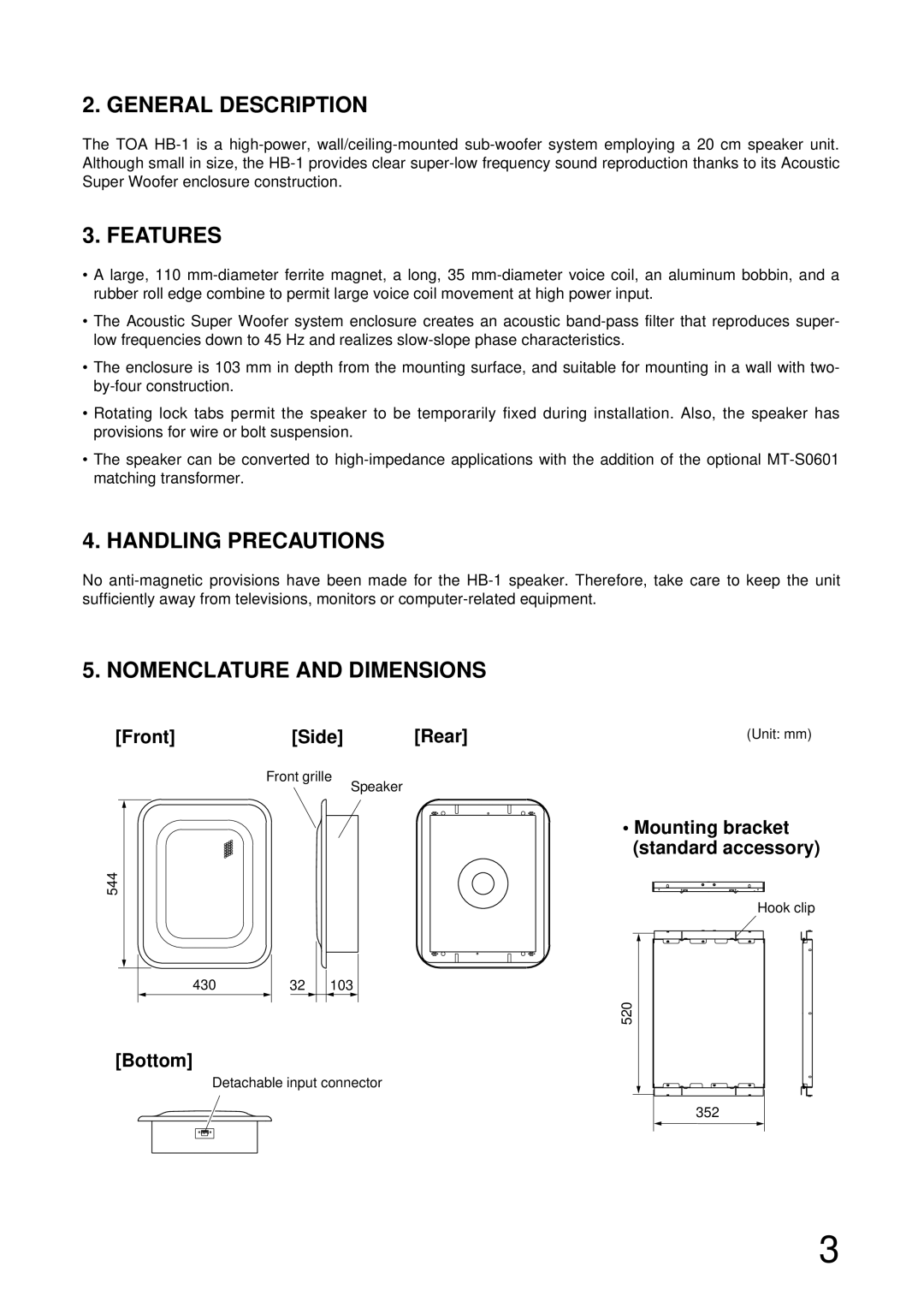 TOA Electronics HB-1 General Description, Features, Handling Precautions, Nomenclature and Dimensions 