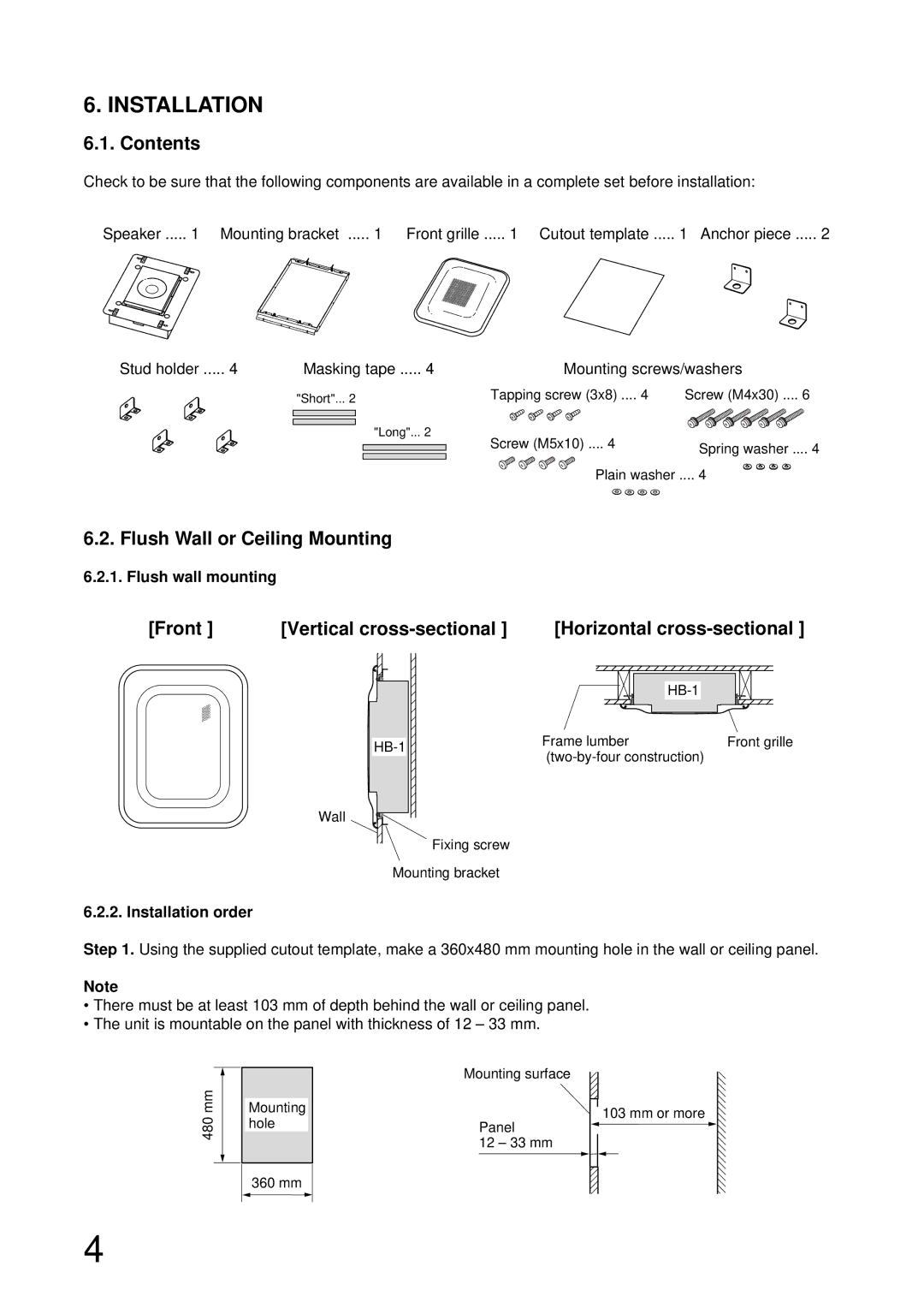 TOA Electronics HB-1 operating instructions Installation, Contents, Flush Wall or Ceiling Mounting 