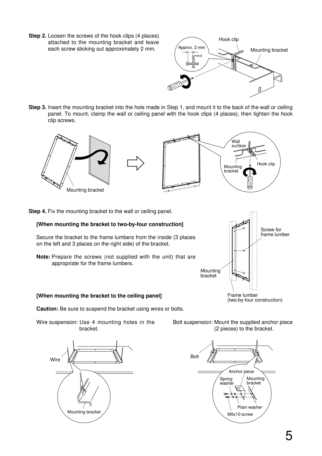 TOA Electronics HB-1 When mounting the bracket to two-by-four construction, When mounting the bracket to the ceiling panel 