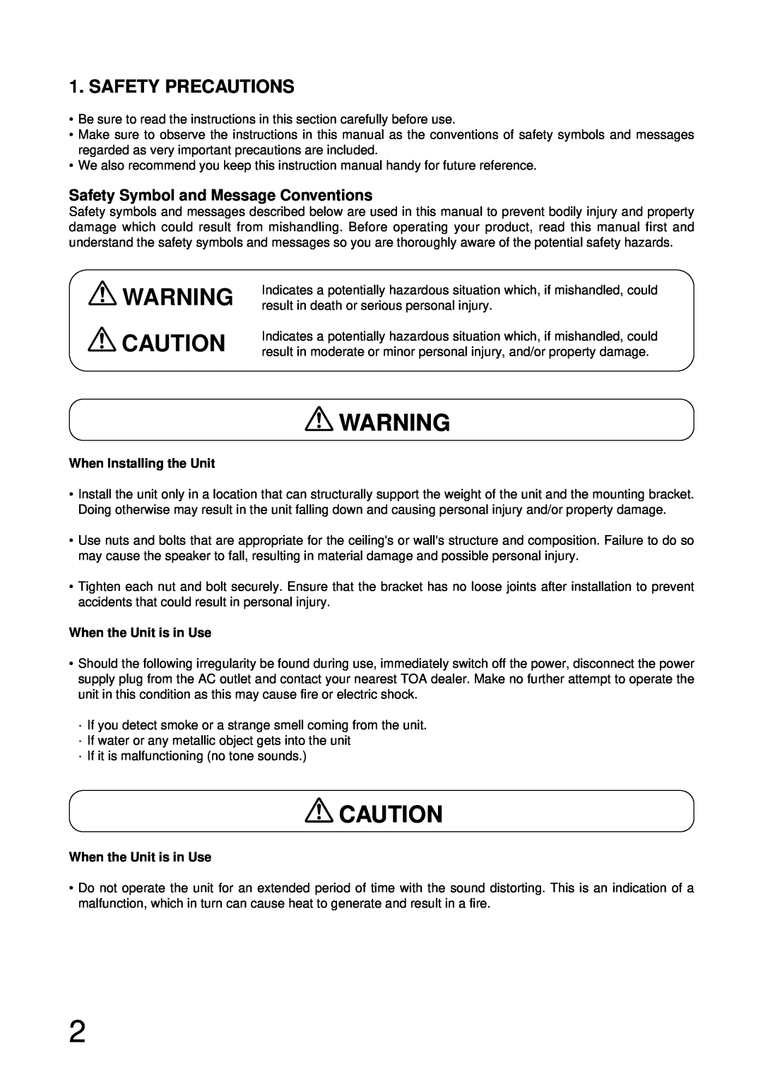 TOA Electronics HB-1 Safety Precautions, Safety Symbol and Message Conventions, When Installing the Unit 