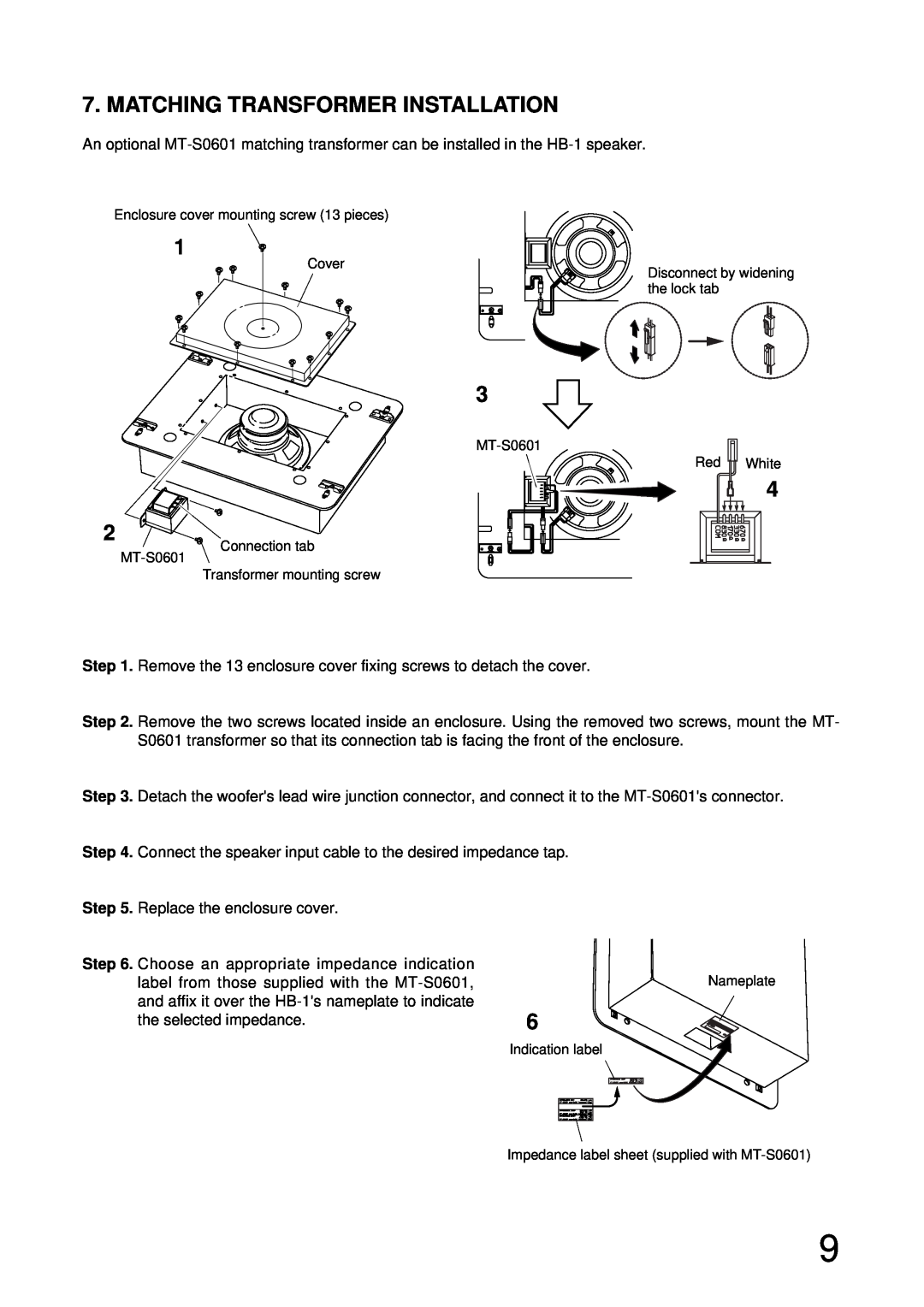 TOA Electronics HB-1 operating instructions Matching Transformer Installation 