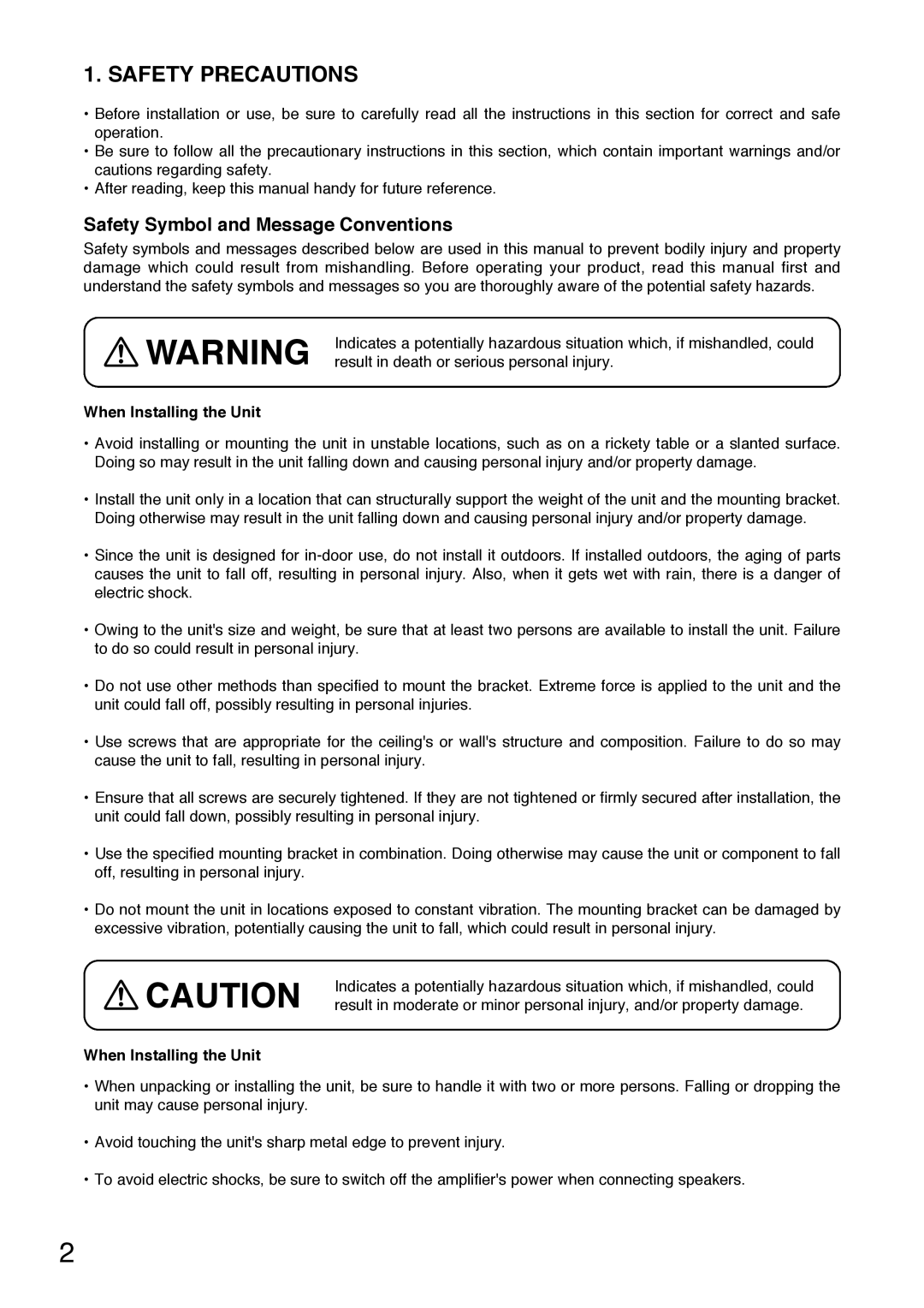 TOA Electronics HS-1500BT, HS-1500WT Safety Precautions, Safety Symbol and Message Conventions, When Installing the Unit 