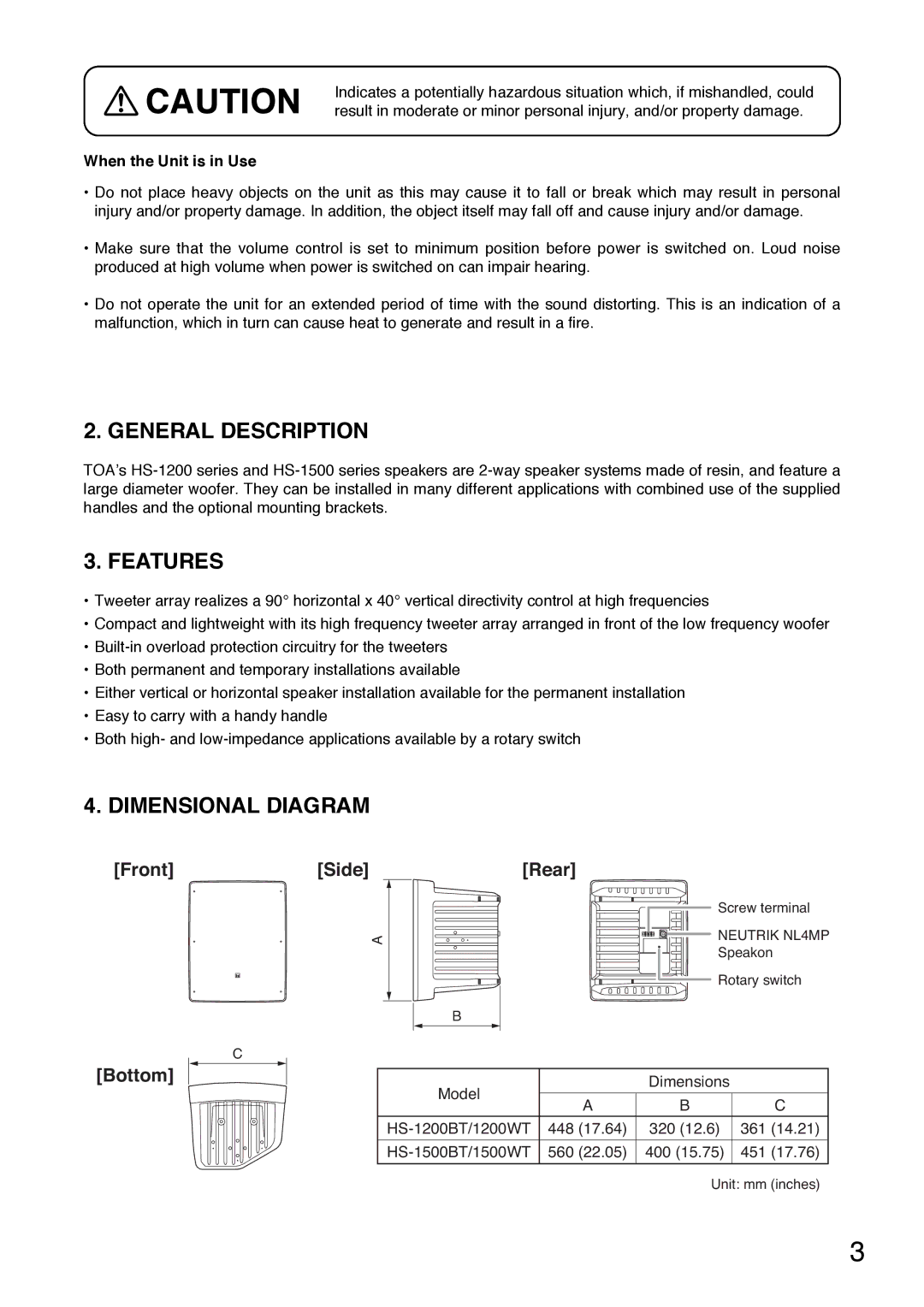 TOA Electronics HS-1200BT, HS-1500WT, HS-1200WT General Description, Features, Dimensional Diagram, Front Bottom Side Rear 