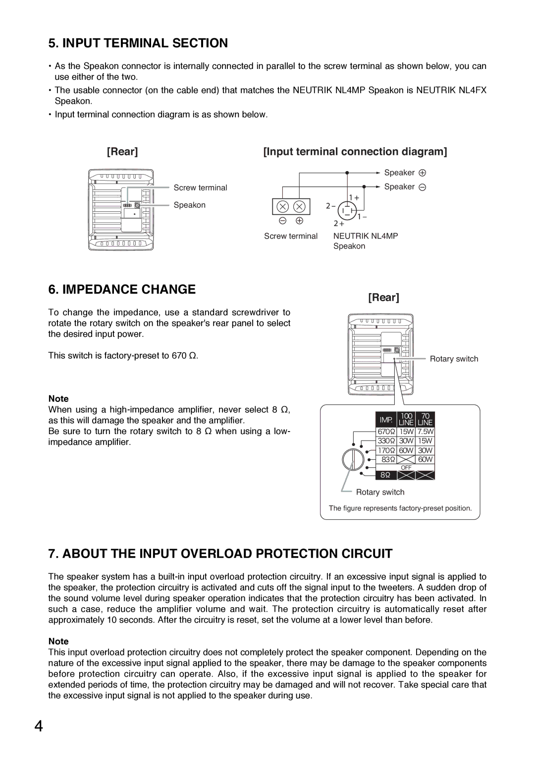 TOA Electronics HS-1500WT, HS-1200WT Input Terminal Section, Impedance Change, About the Input Overload Protection Circuit 