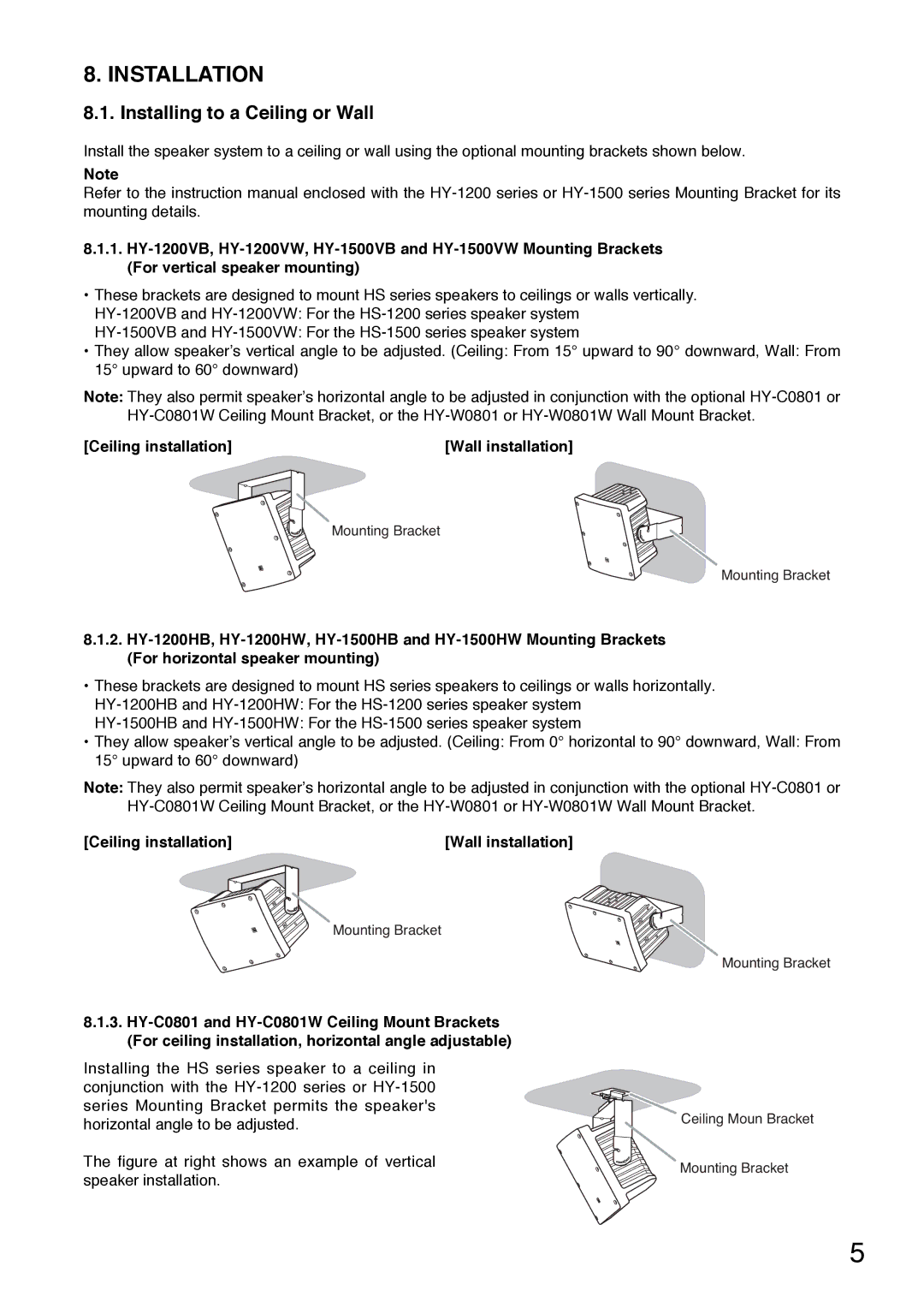 TOA Electronics HS-1200WT, HS-1500WT, HS-1500BT Installation, Installing to a Ceiling or Wall, Ceiling installation 