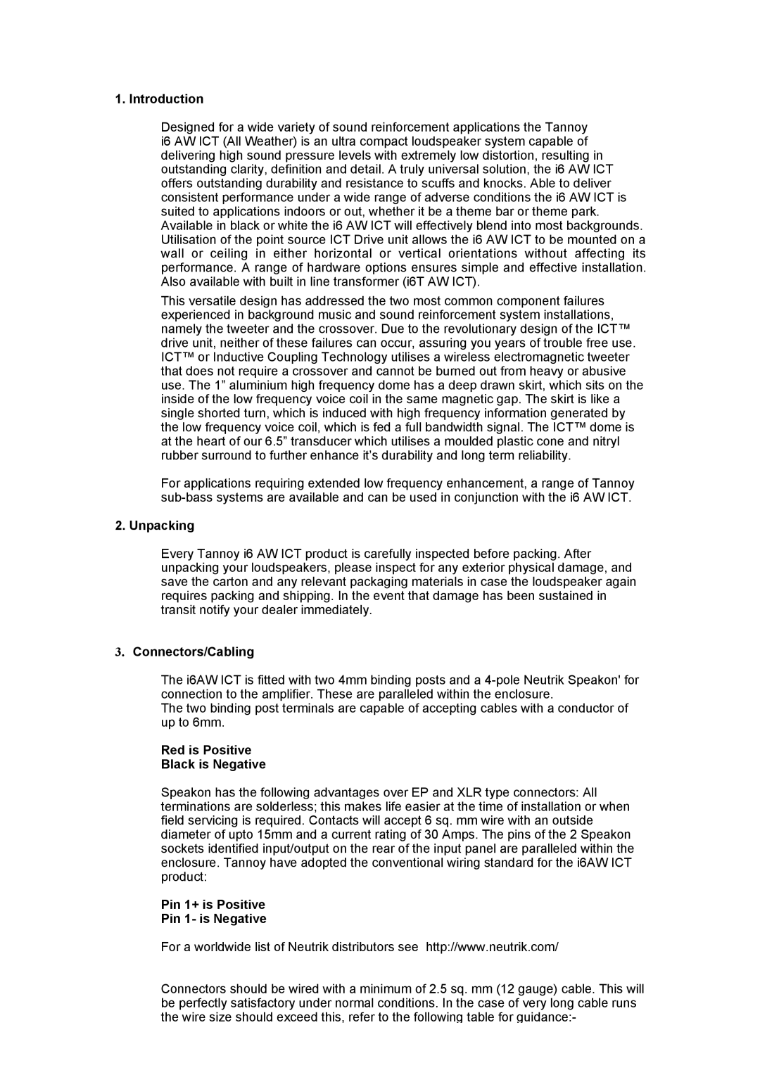 TOA Electronics I6 AW ICT user manual Introduction, Unpacking, Connectors/Cabling, Red is Positive Black is Negative 