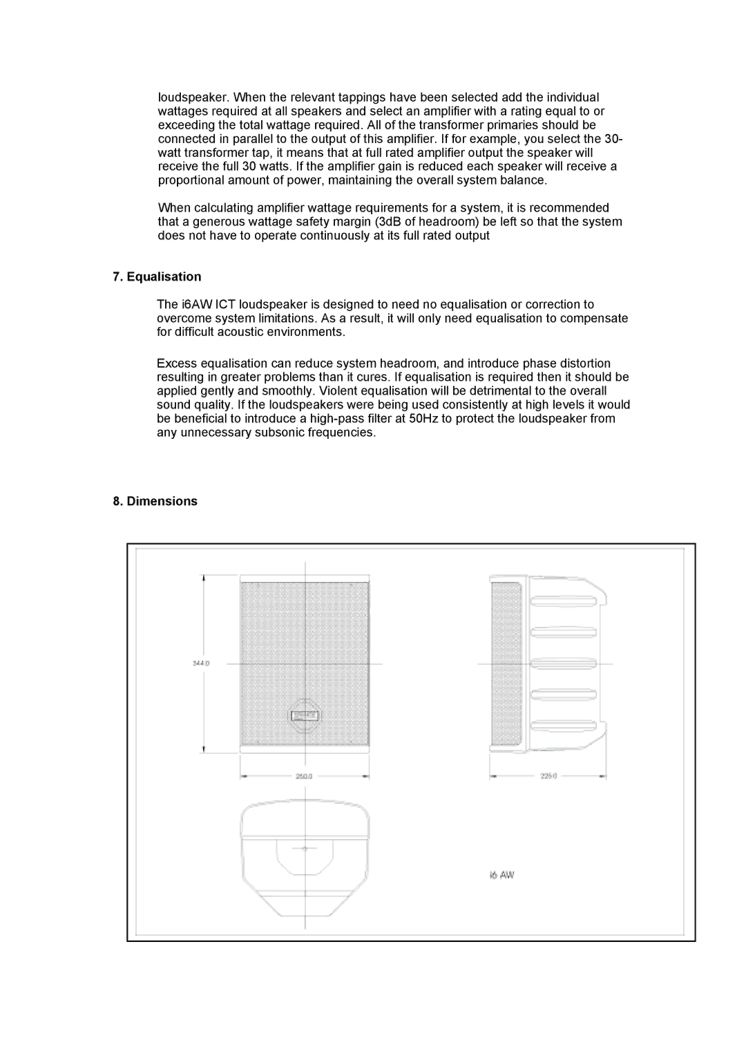 TOA Electronics I6 AW ICT user manual Equalisation, Dimensions 