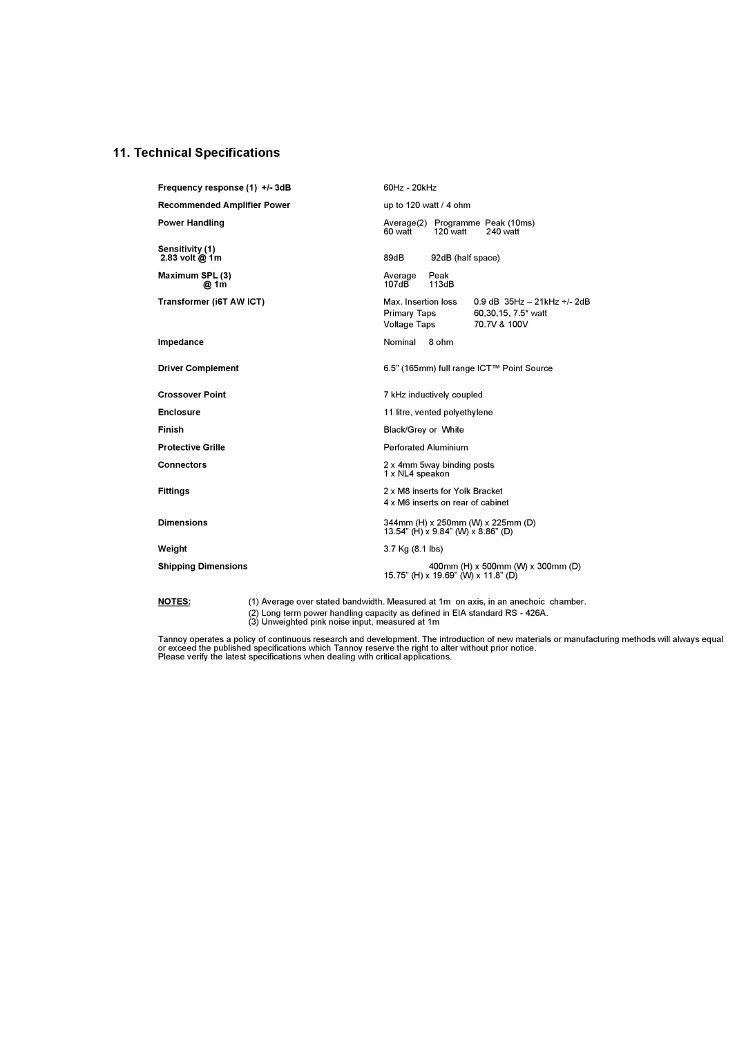 TOA Electronics I6 AW ICT user manual Technical Specifications, Transformer i6T AW ICT 