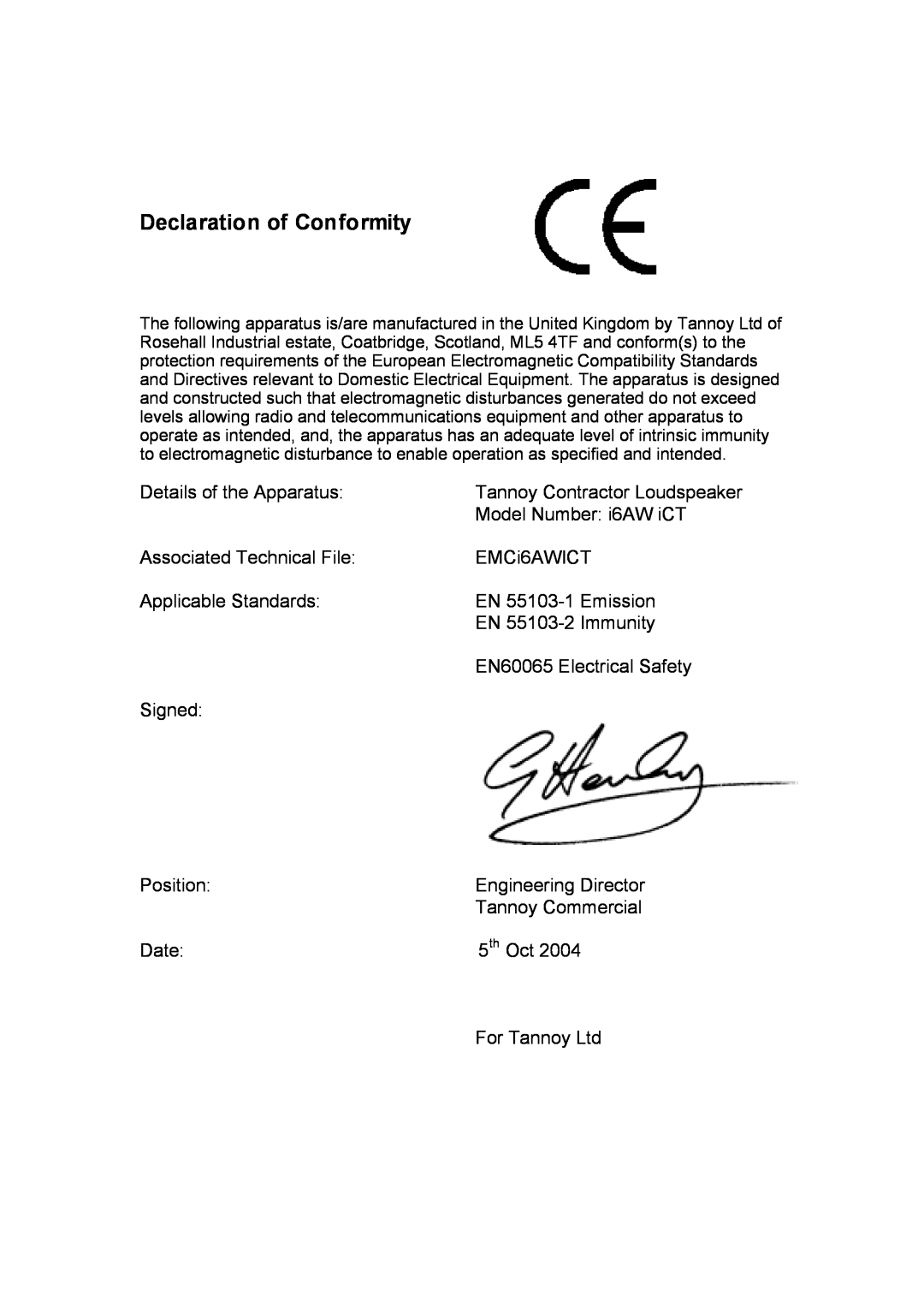 TOA Electronics I6 AW ICT user manual Declaration of Conformity 