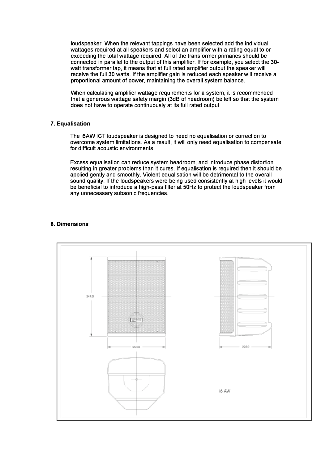 TOA Electronics I6 AW ICT user manual Equalisation, Dimensions 