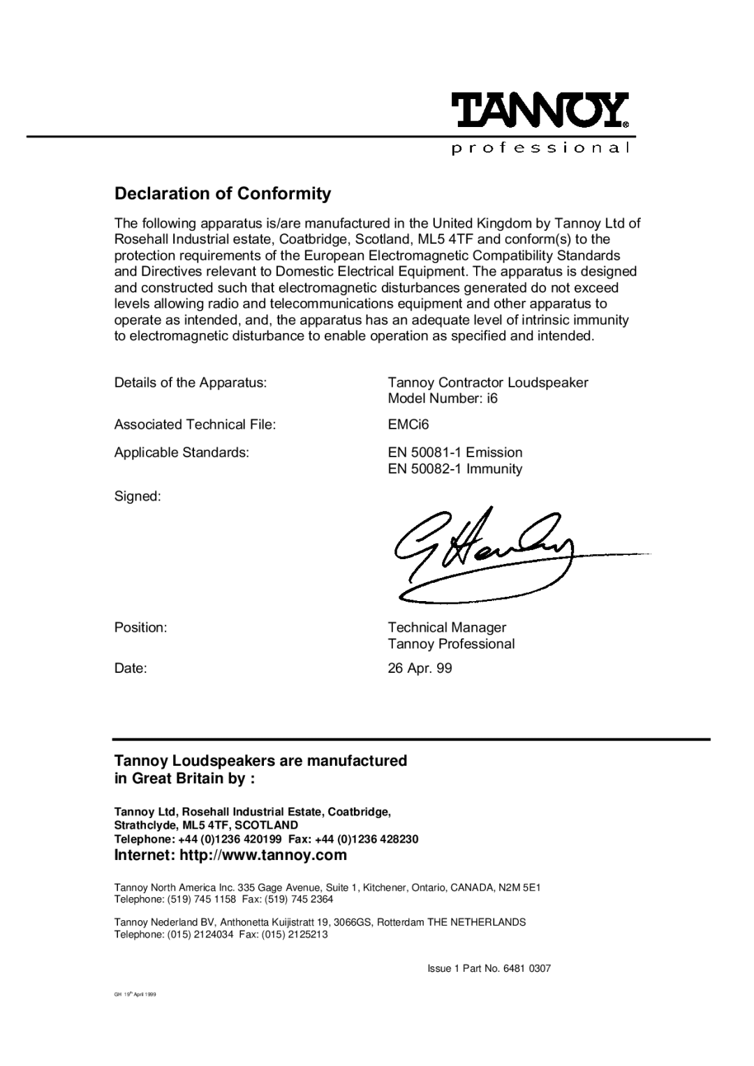 TOA Electronics I6 AW user manual Declaration of Conformity 