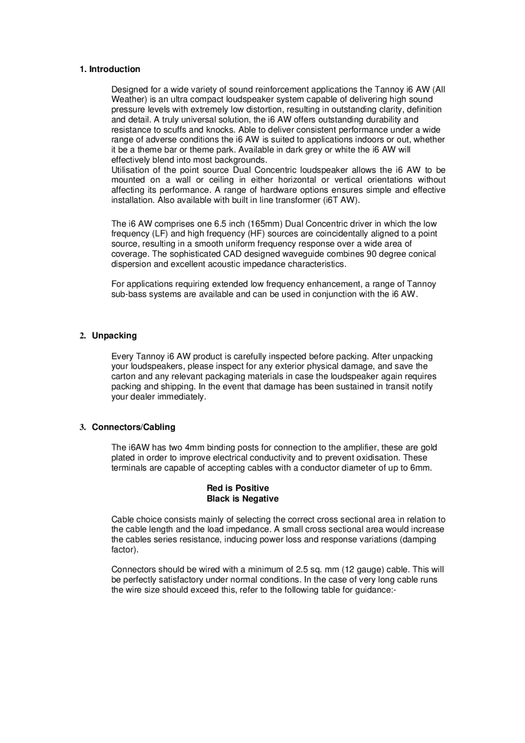 TOA Electronics I6 AW user manual Introduction, Unpacking, Connectors/Cabling, Red is Positive Black is Negative 