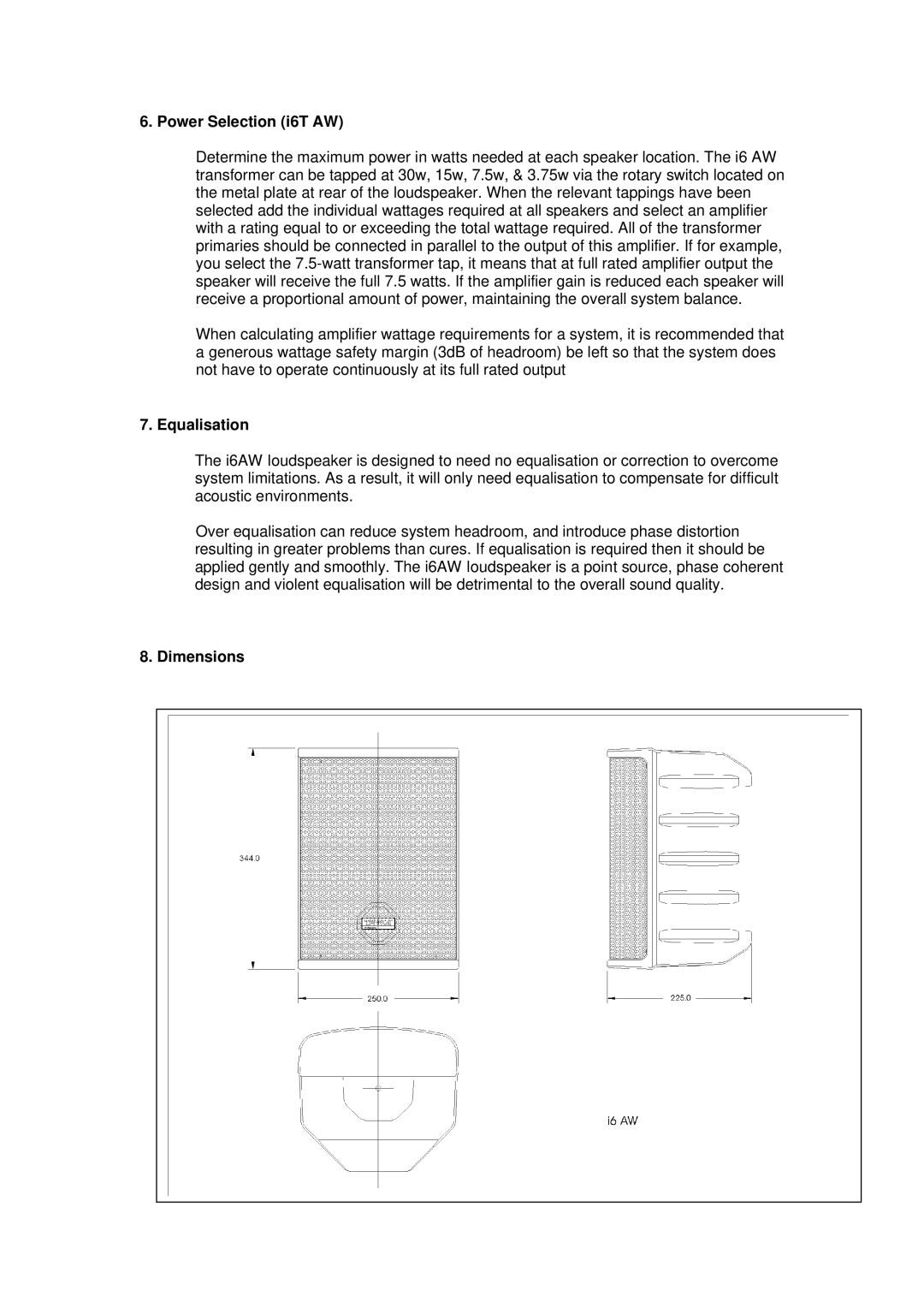 TOA Electronics I6 AW user manual Power Selection i6T AW, Equalisation, Dimensions 