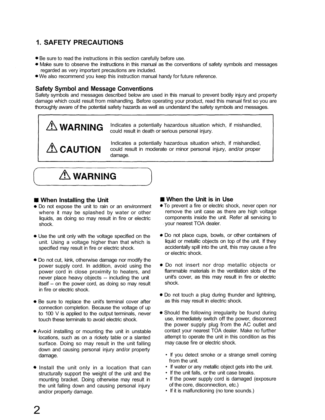 TOA Electronics IP-450D Safety Precautions, Damage, Power supply plug from the AC outlet, May cause fire or electric shock 