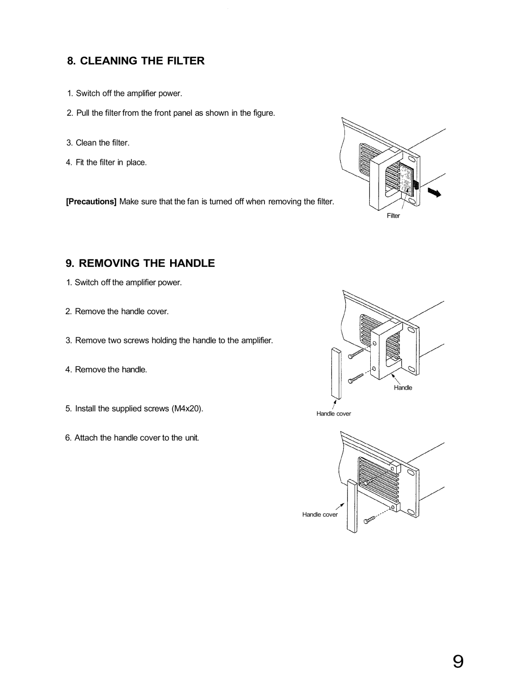 TOA Electronics IP-600D, IP-300D, IP-450D dimensions Cleaning the Filter, Removing the Handle 