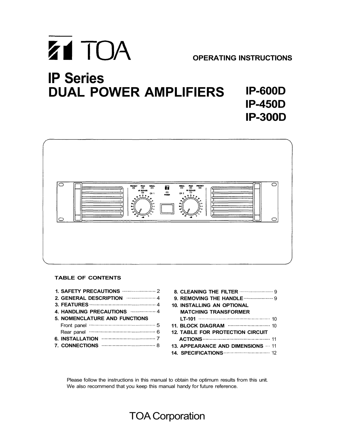 TOA Electronics dimensions Operating Instructions, IP Series, DUAL POWER AMPLIFIERS IP-600D, IP-450D IP-300D 