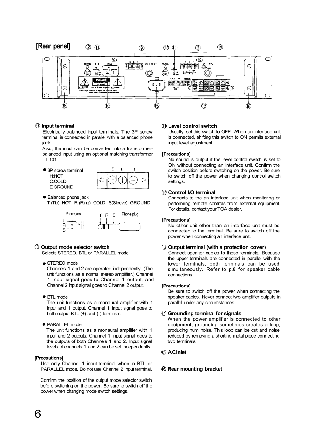TOA Electronics IP-600D, IP-300D Input terminal, Level control switch, Control I/O terminal, Output mode selector switch 