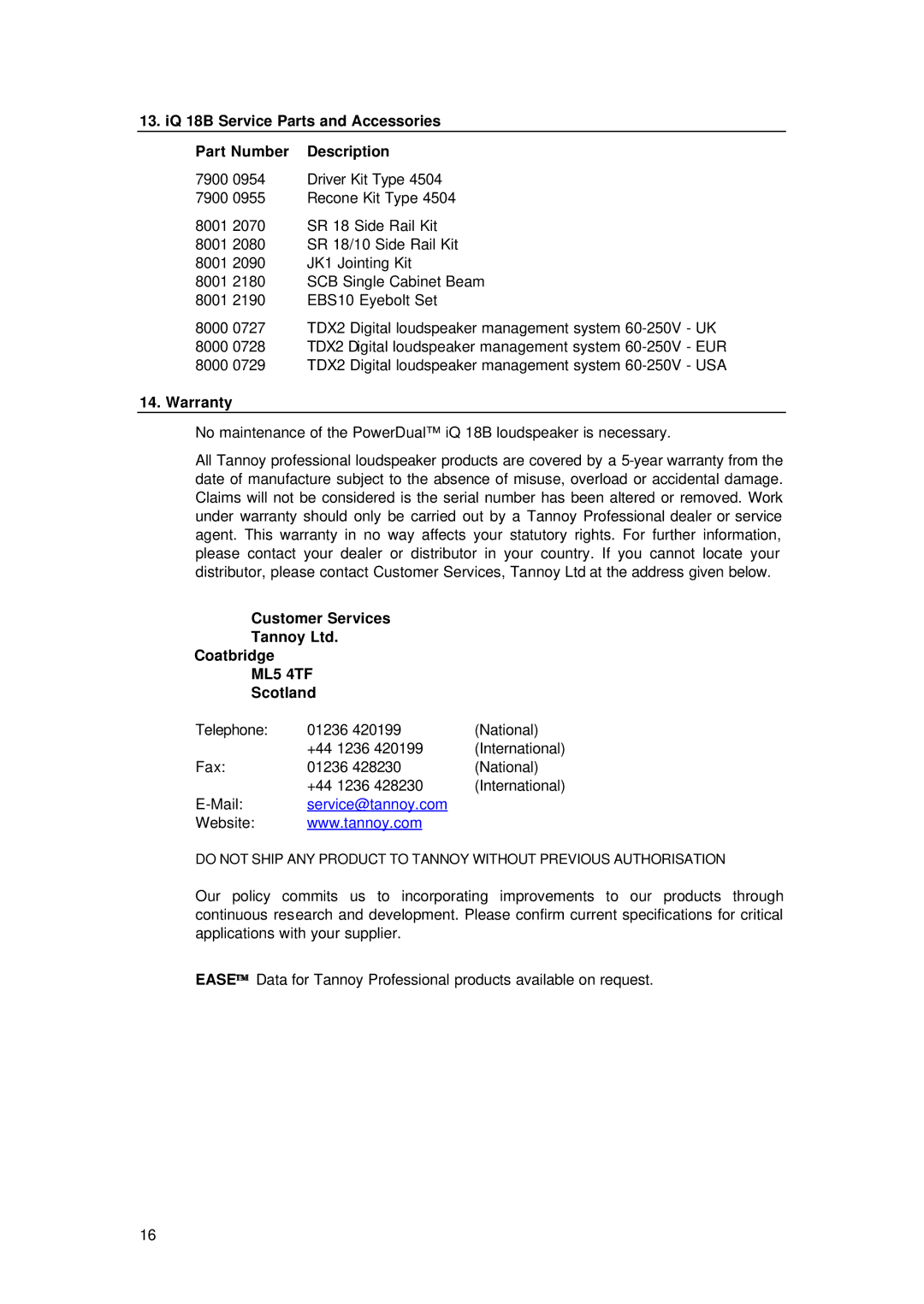 TOA Electronics IQ 18B user manual Warranty, Customer Services Coatbridge, Scotland 