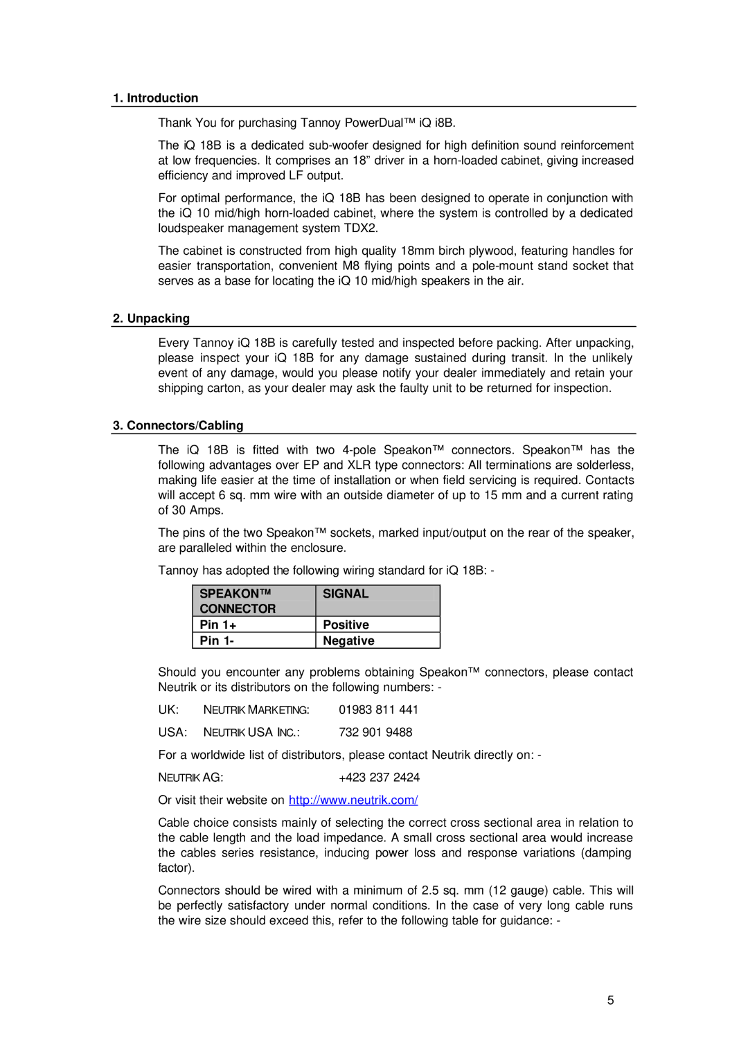 TOA Electronics IQ 18B user manual Introduction, Unpacking, Connectors/Cabling, Pin 1+ Positive Negative 