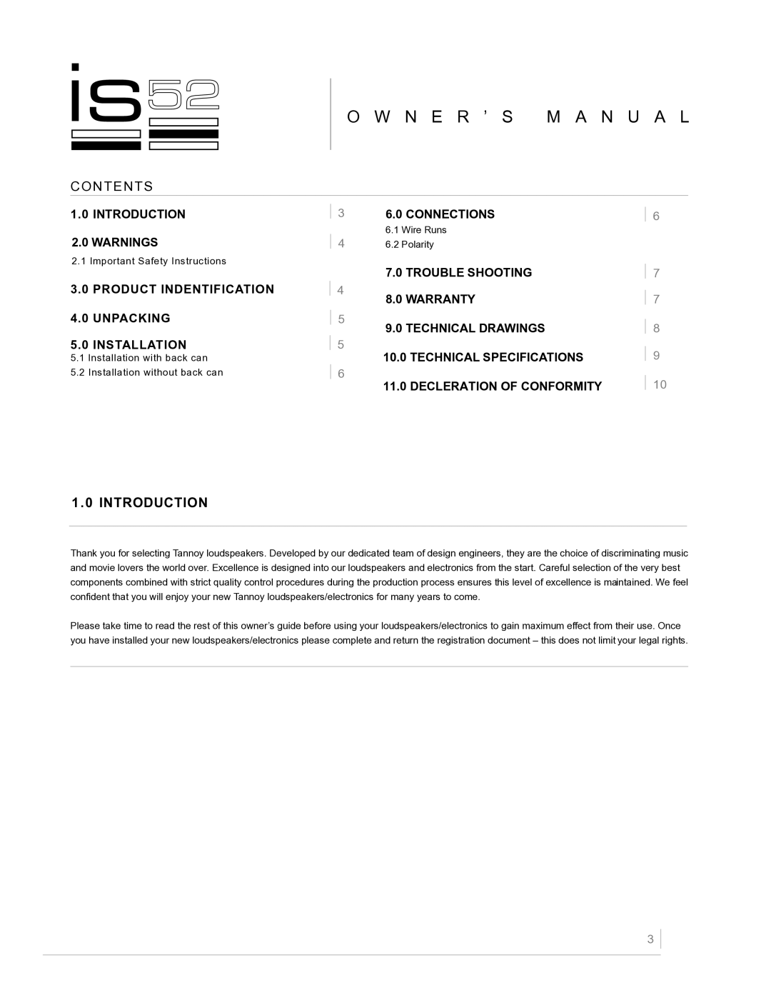 TOA Electronics IS52 owner manual N E R ’ S M a N U a L, Introduction 