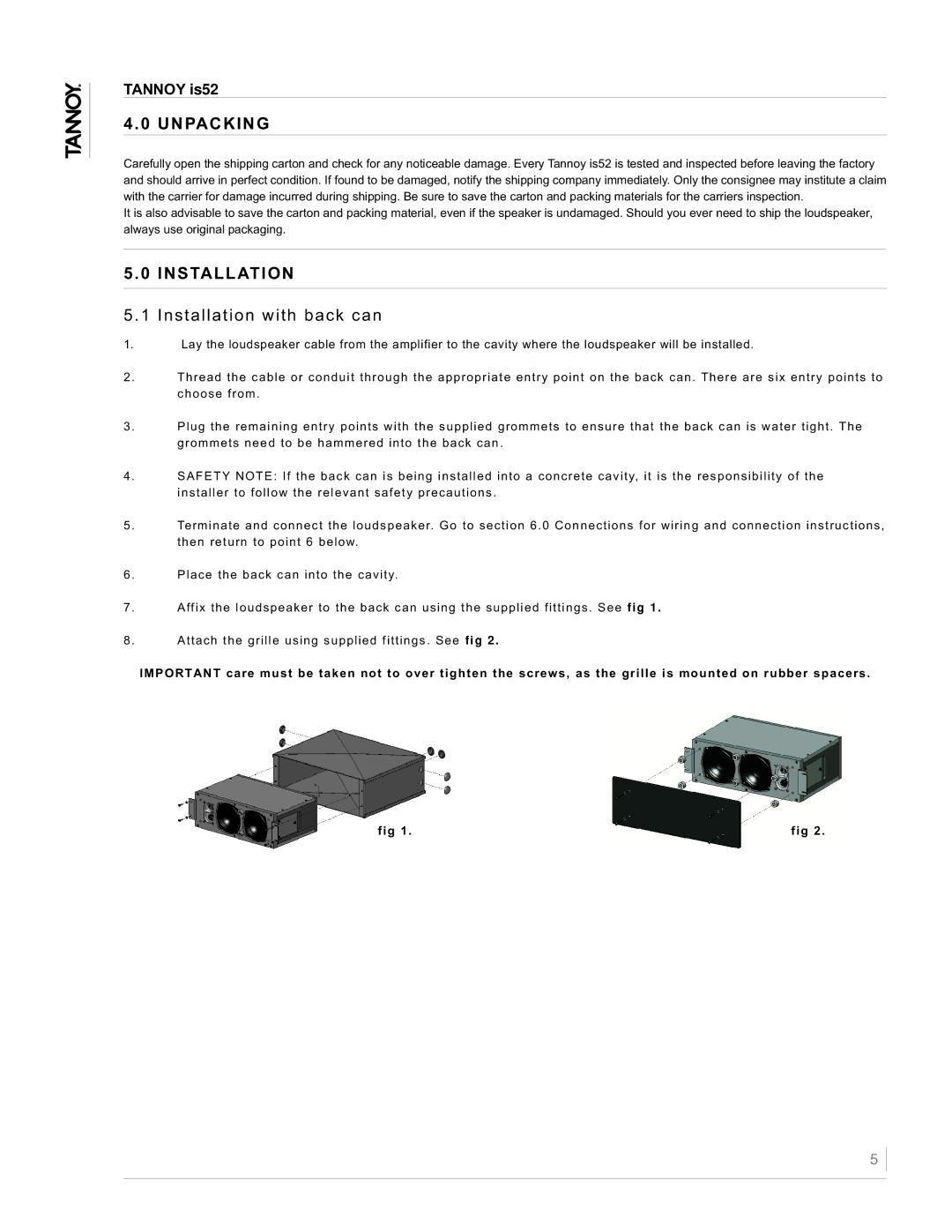 TOA Electronics IS52 owner manual Unpacking, Installation with back can 