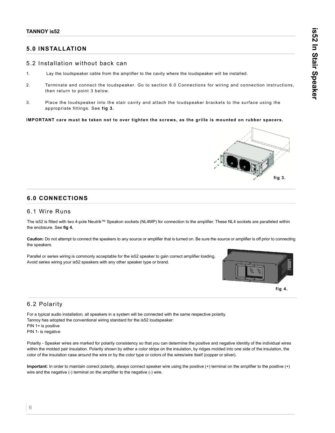 TOA Electronics IS52 owner manual Installation without back can, Connections, Wire Runs, Polarity 