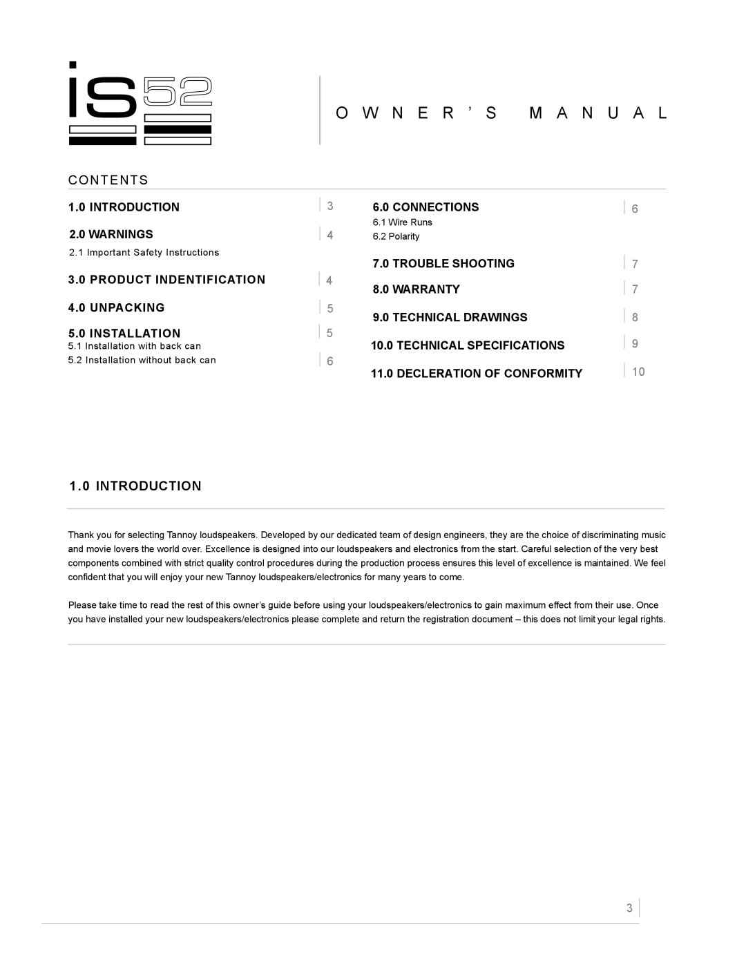 TOA Electronics IS52 owner manual O W N E R ’ S M A N U A L, Contents, Introduction 