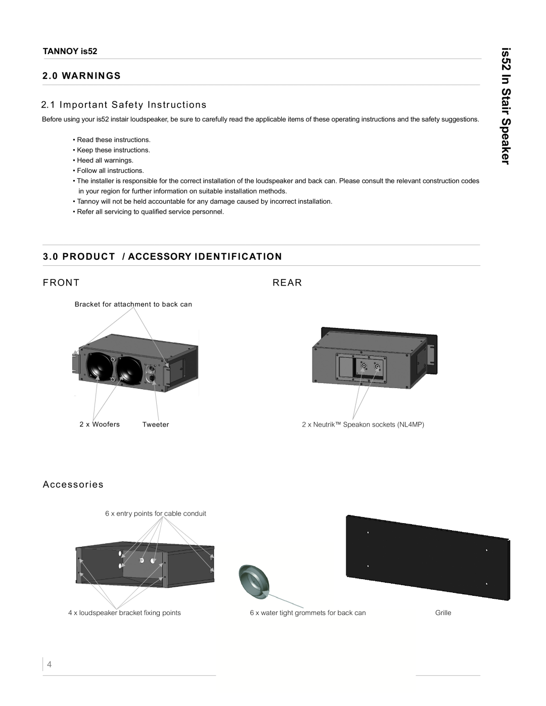 TOA Electronics IS52 is52 In Stair Speaker, Warnings, Important Safety Instructions, Product / Accessory Identification 