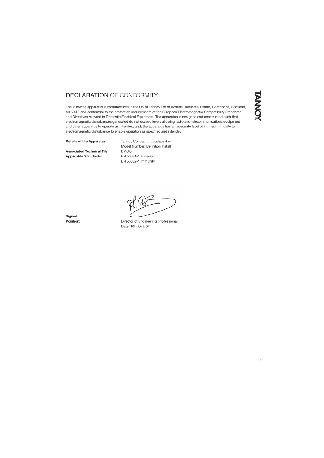 TOA Electronics IW60EFX user manual Declaration of Conformity, Signed 