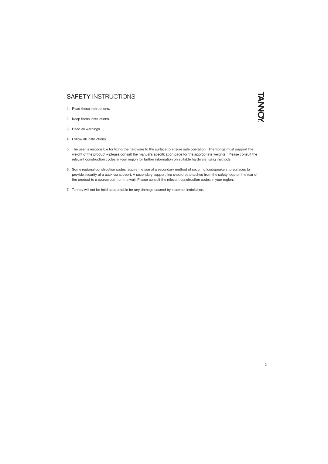 TOA Electronics IW60EFX user manual Safety Instructions 