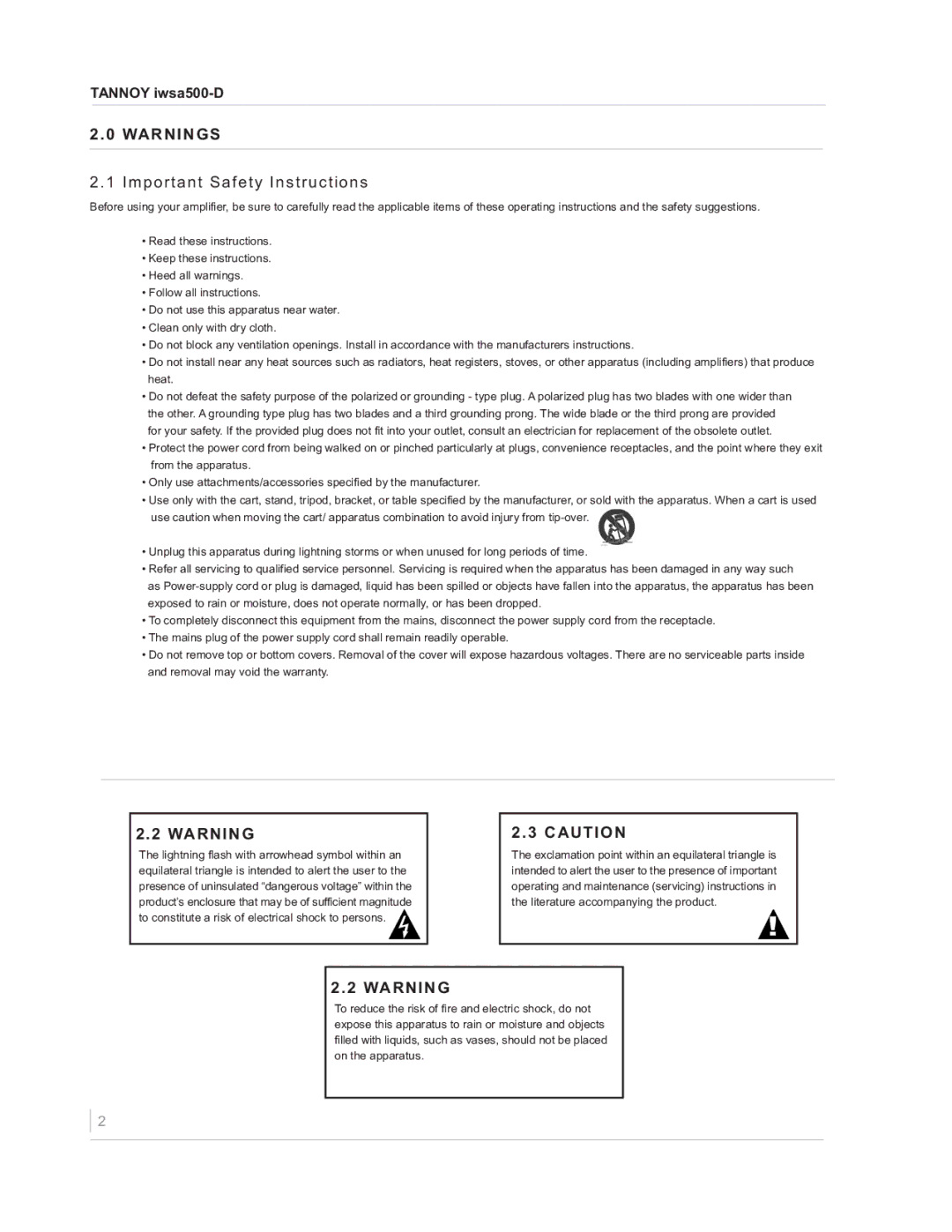 TOA Electronics IWSA500-D owner manual Important Safety Instructions 