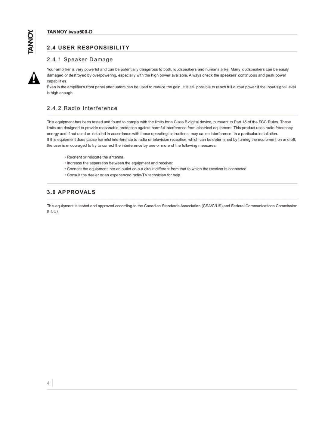 TOA Electronics IWSA500-D owner manual User Responsibility, Speaker Damage, Radio Interference, Approvals 