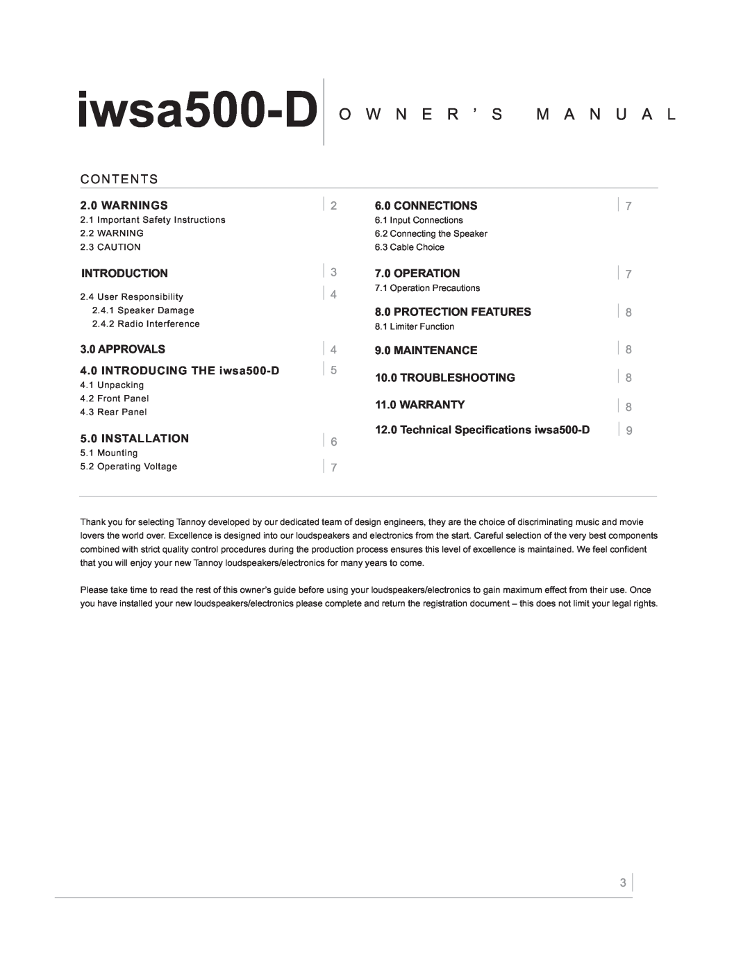TOA Electronics IWSA500-D owner manual O W N E R ’ S M A N U A L, Contents, iwsa500-D 