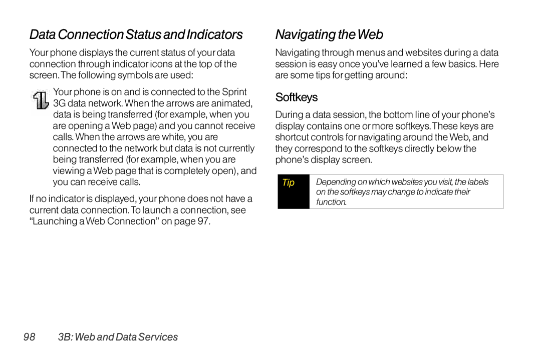 TOA Electronics LG LX290 Data Connection Status and Indicators, Navigating theWeb, Softkeys, 98 3B Web and Data Services 