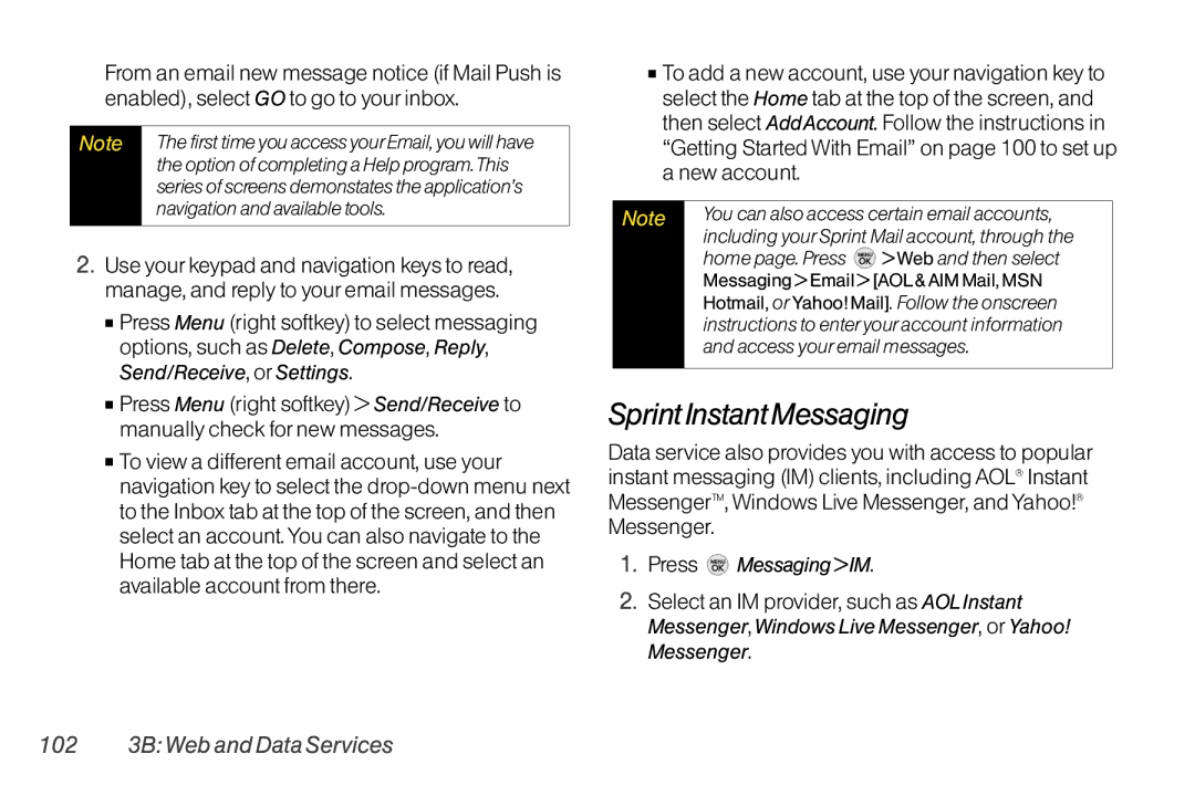 TOA Electronics LG LX290 manual Sprint Instant Messaging, 102 3B Web and Data Services, Press Messaging IM 