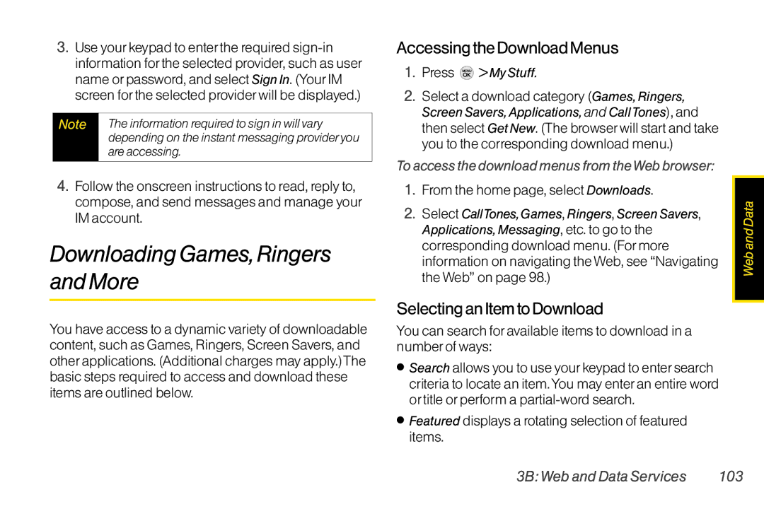 TOA Electronics LG LX290 DownloadingGames,Ringers and More, Accessing the Download Menus, Selecting an Item to Download 