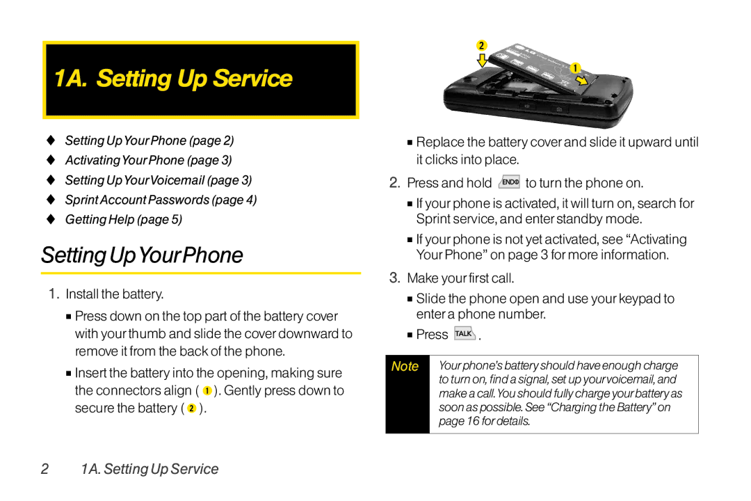 TOA Electronics LG LX290 manual 1A. Setting Up Service, Setting UpYourPhone, Install the battery 