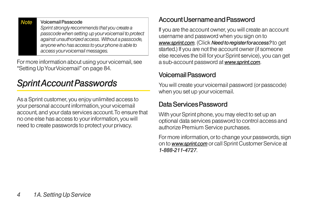 TOA Electronics LG LX290 SprintAccountPasswords, Account Username and Password Voicemail Password, Data Services Password 