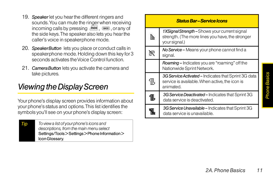 TOA Electronics LG LX290 manual Viewing the Display Screen, To view a list of your phone’s icons, Icon Glossary 