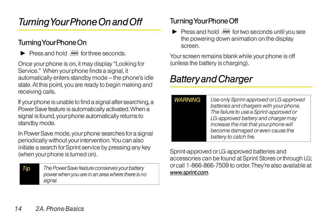 TOA Electronics LG LX290 manual TurningYourPhone On and Off, Batteryand Charger, TurningYourPhone Off, 14 2A. Phone Basics 