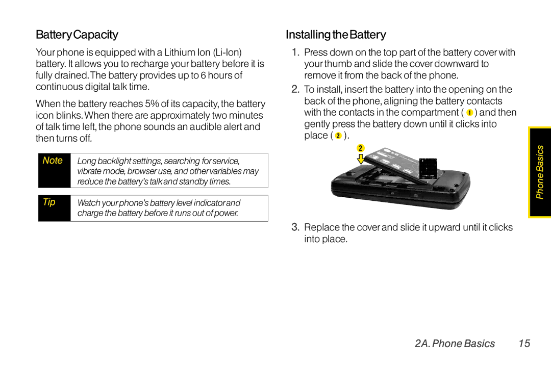 TOA Electronics LG LX290 manual BatteryCapacity, Installingthe Battery 