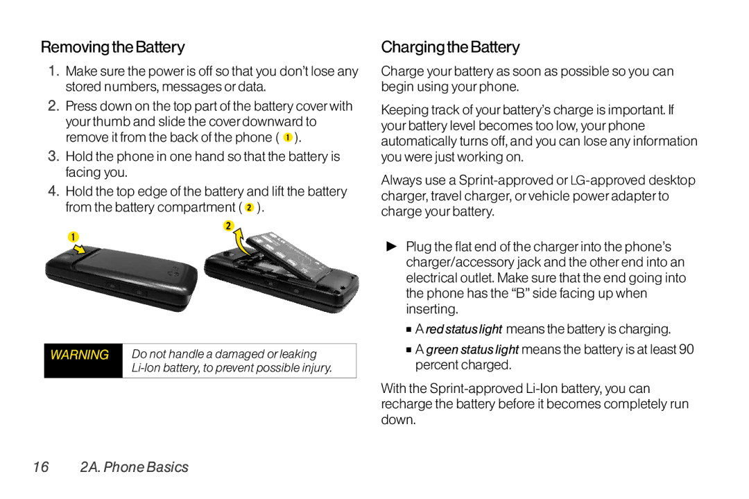 TOA Electronics LG LX290 manual Removing the Battery, Chargingthe Battery, 16 2A. Phone Basics 