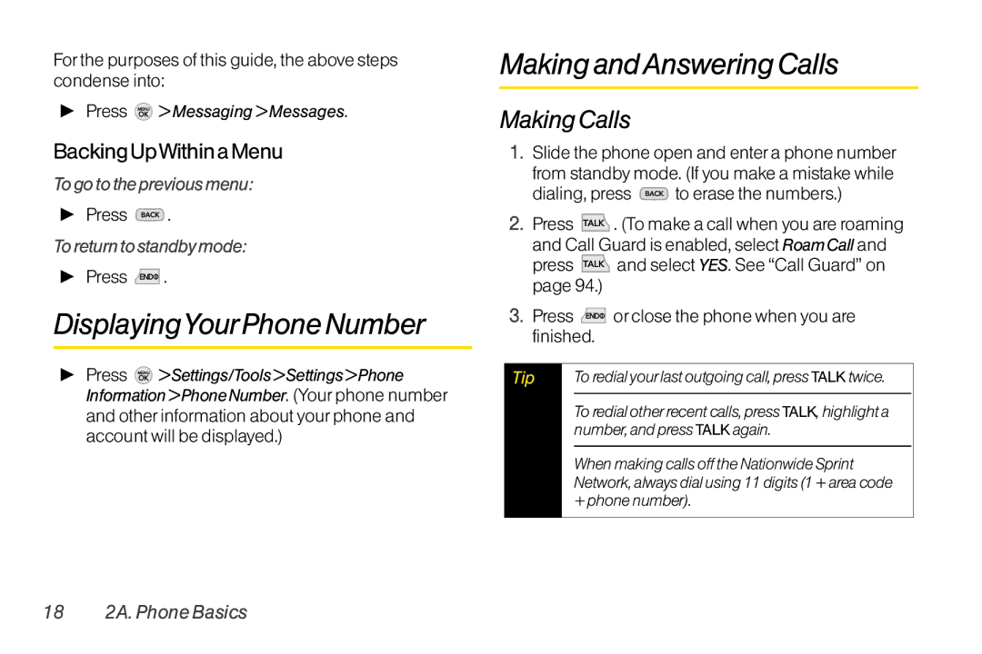 TOA Electronics LG LX290 DisplayingYourPhone Number, Making andAnswering Calls, Making Calls, Backing UpWithin a Menu 