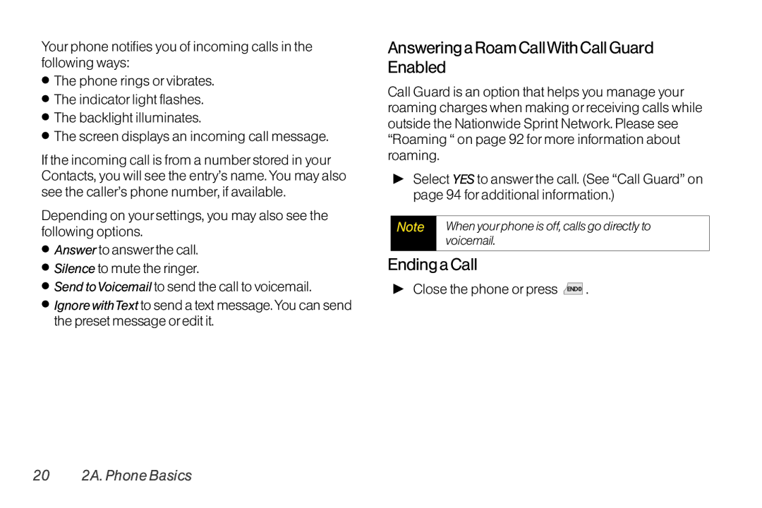 TOA Electronics LG LX290 manual Answering a Roam CallWith Call Guard Enabled, Ending a Call, Close the phone or press 