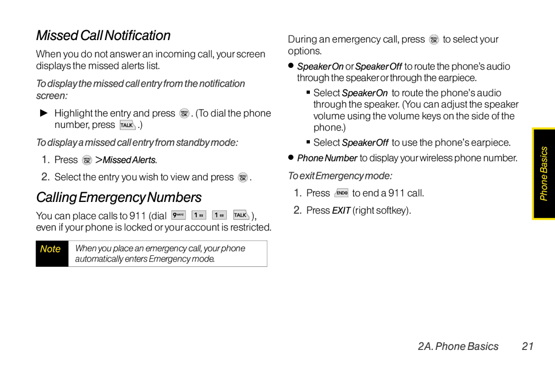 TOA Electronics LG LX290 manual Missed CallNotification, Calling Emergency Numbers, To exit Emergency mode 