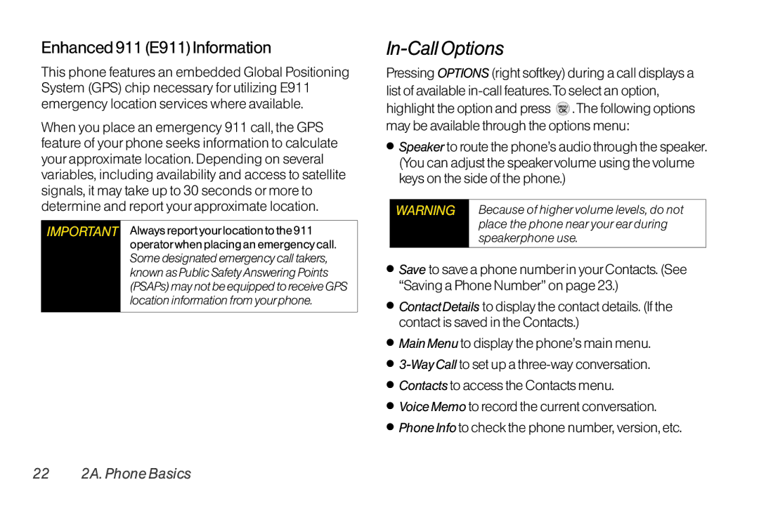 TOA Electronics LG LX290 manual In-Call Options, Enhanced 911 E911Information, 22 2A. Phone Basics 