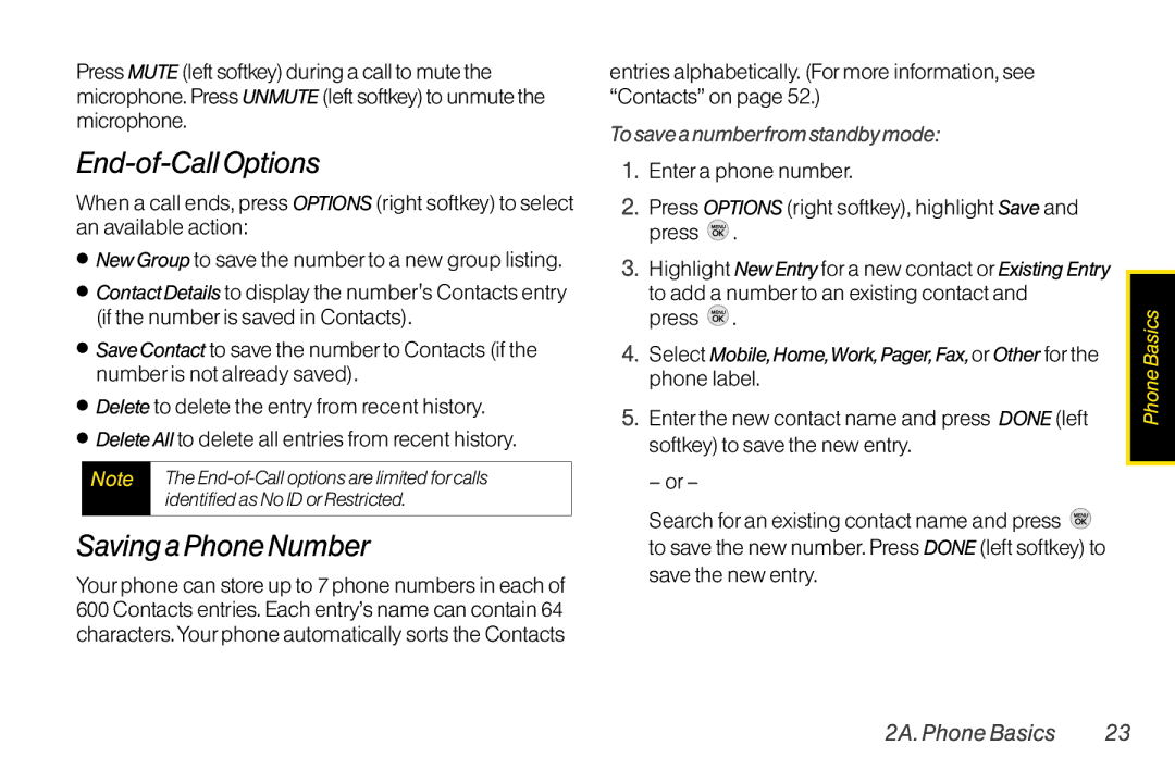 TOA Electronics LG LX290 manual End-of-Call Options, Savinga Phone Number, To save a numberfrom standby mode 