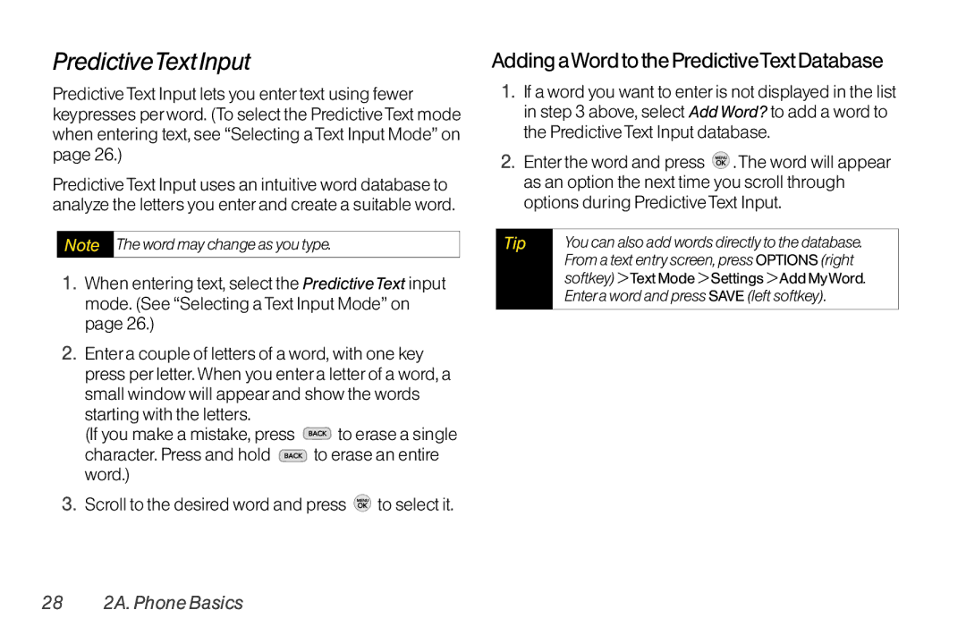 TOA Electronics LG LX290 manual PredictiveText Input, Adding aWord to the PredictiveText Database, 28 2A. Phone Basics 